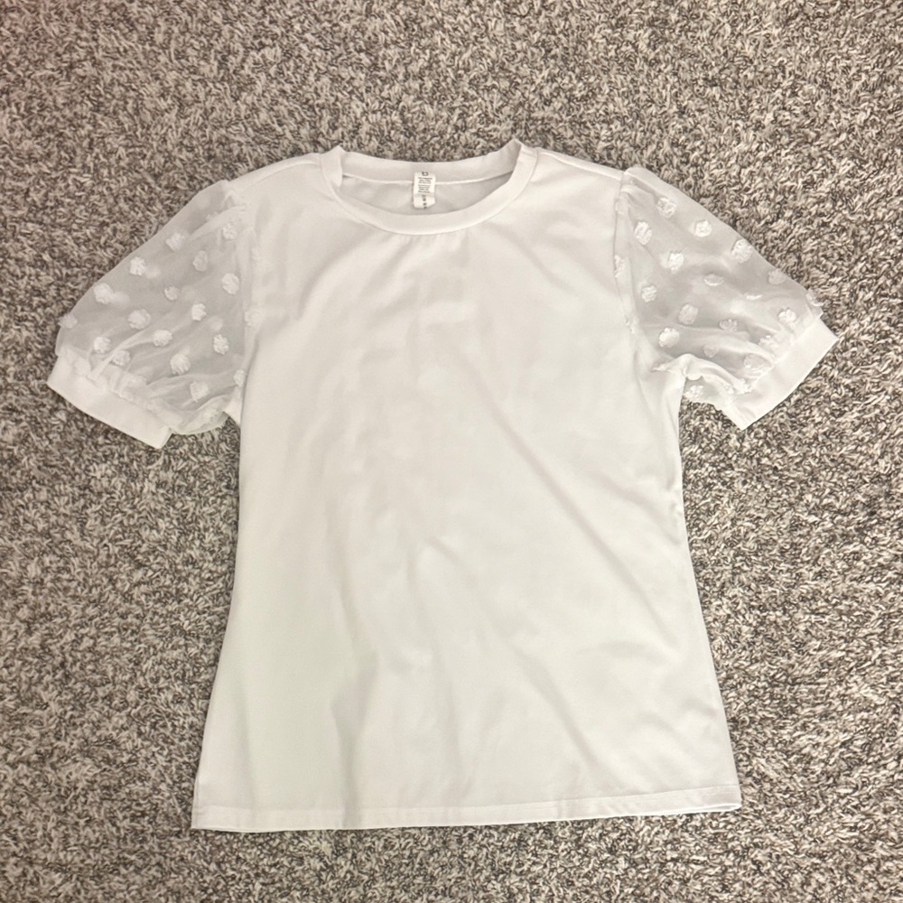 White Top with Sheer Polka Dot Sleeves